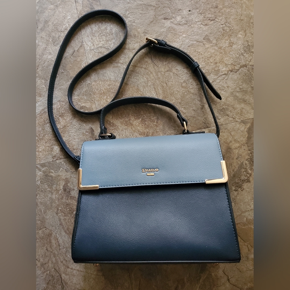 Dune London Satchel. Blue/White block coloring. Gold detail.